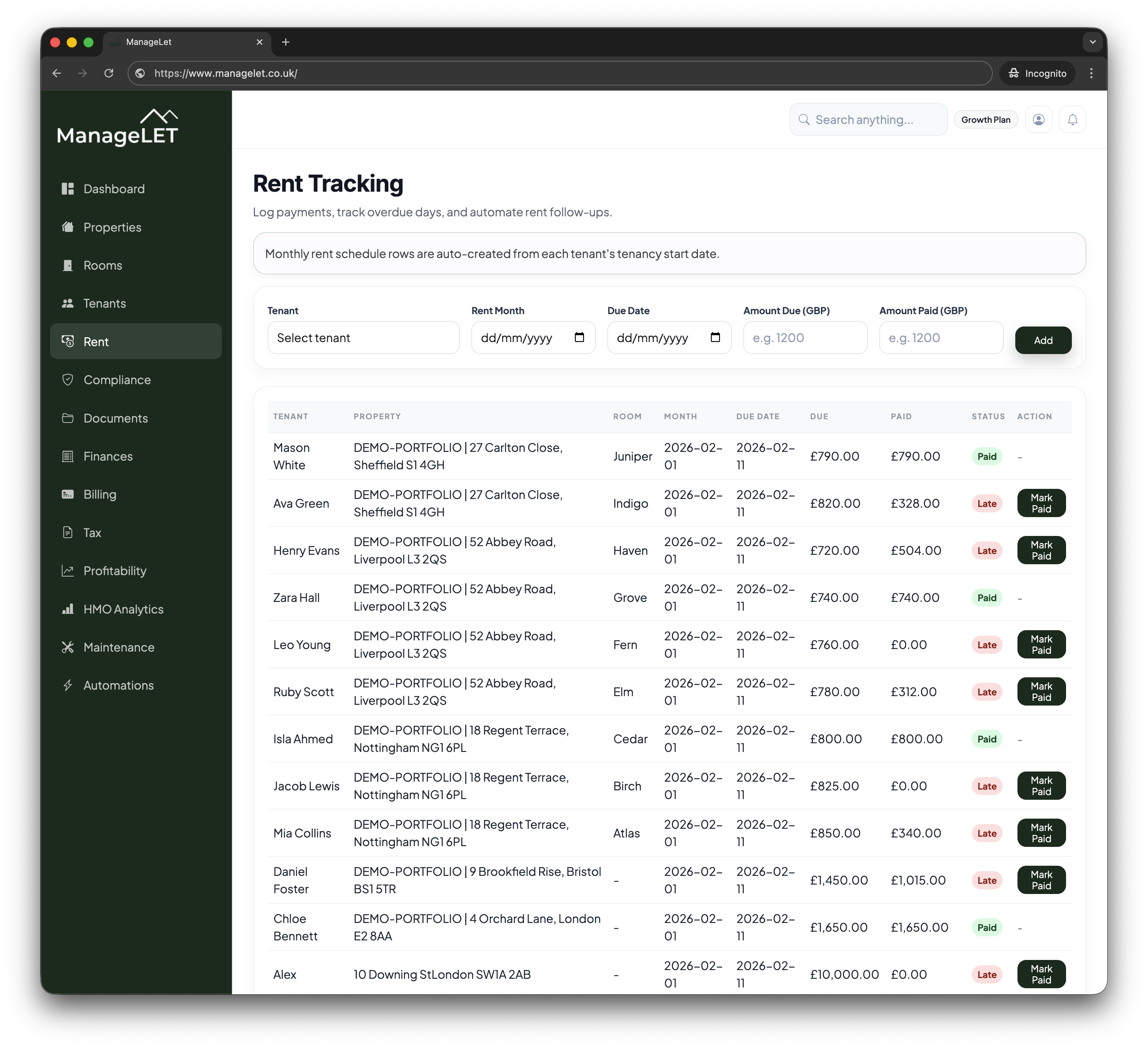 Rent tracking dashboard preview
